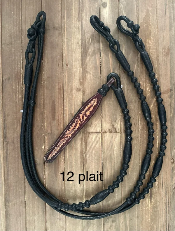 Genuine Kangaroo Romal Reins 12 Plait GM Pattern Black Weighted